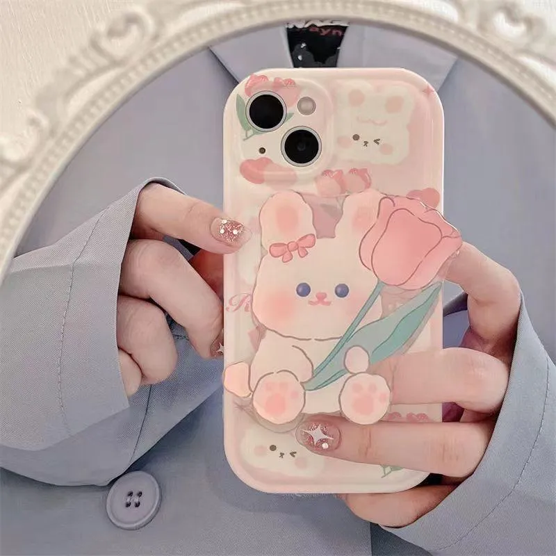 Pink Tulip Rabbit Cute Phone Case With Holder For iPhone 14 Plus, 7, 8, X, XS, XR, 11, 12, and 13 Pro Max