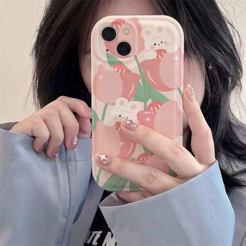 Pink Tulip Rabbit Cute Phone Case With Holder For iPhone 14 Plus, 7, 8, X, XS, XR, 11, 12, and 13 Pro Max