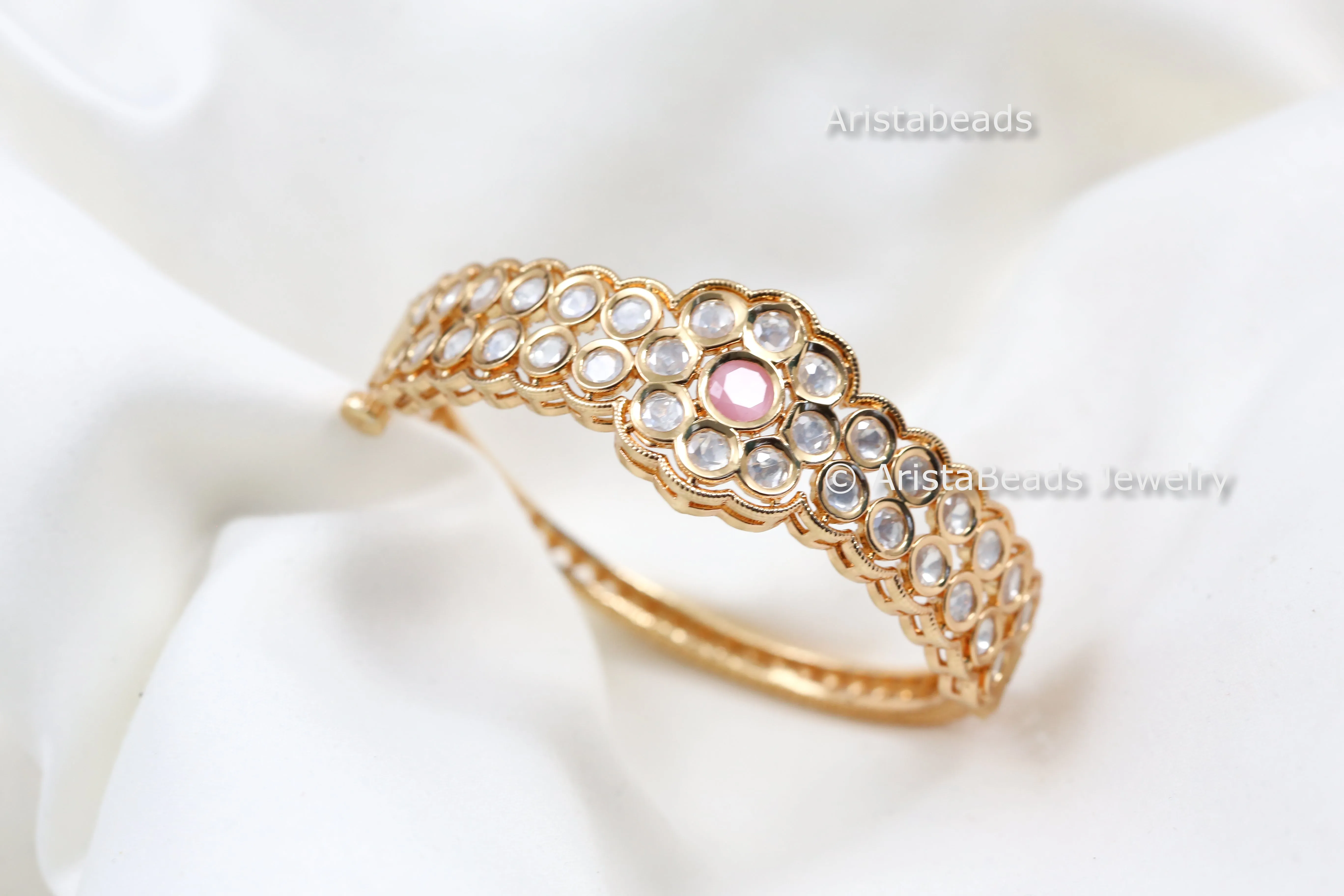 Premium Moissanite Polki Bracelet (Openable) - Pink