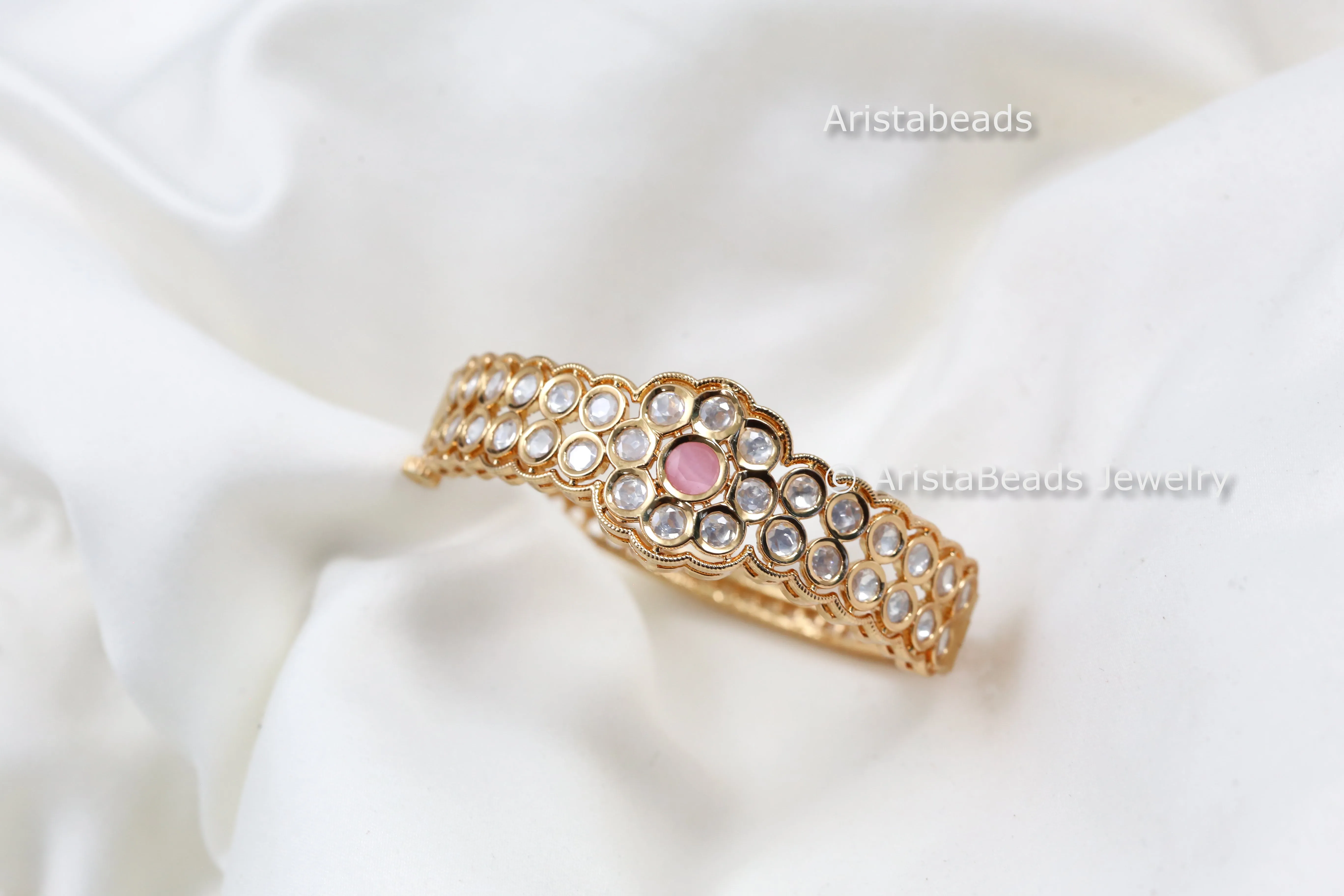 Premium Moissanite Polki Bracelet (Openable) - Pink