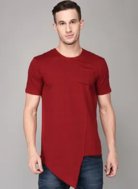 Red Round Neck T-shirt with Front pocket & Handkerchief Hem Detail