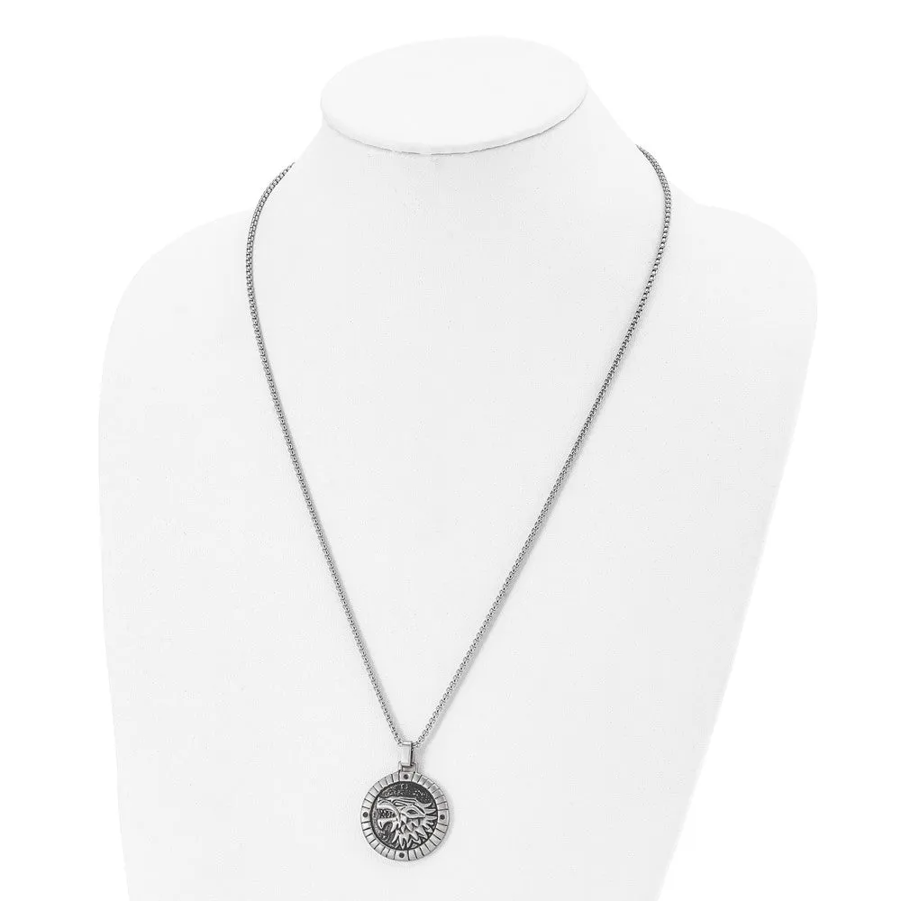 Stainless Steel & Black CZ Antiqued Chimera Disc Necklace, 24 Inch