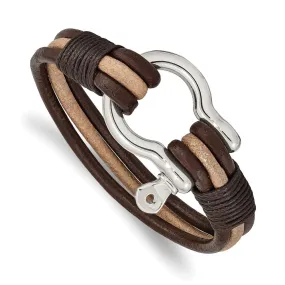 Stainless Steel & Brown Leather Shackle Multi Strand Bracelet, 8.25 In