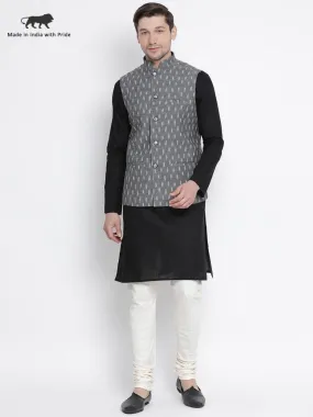 VASTRAMAY Men's Black Cotton Kurta, Ethnic Jacket and Churidar Set