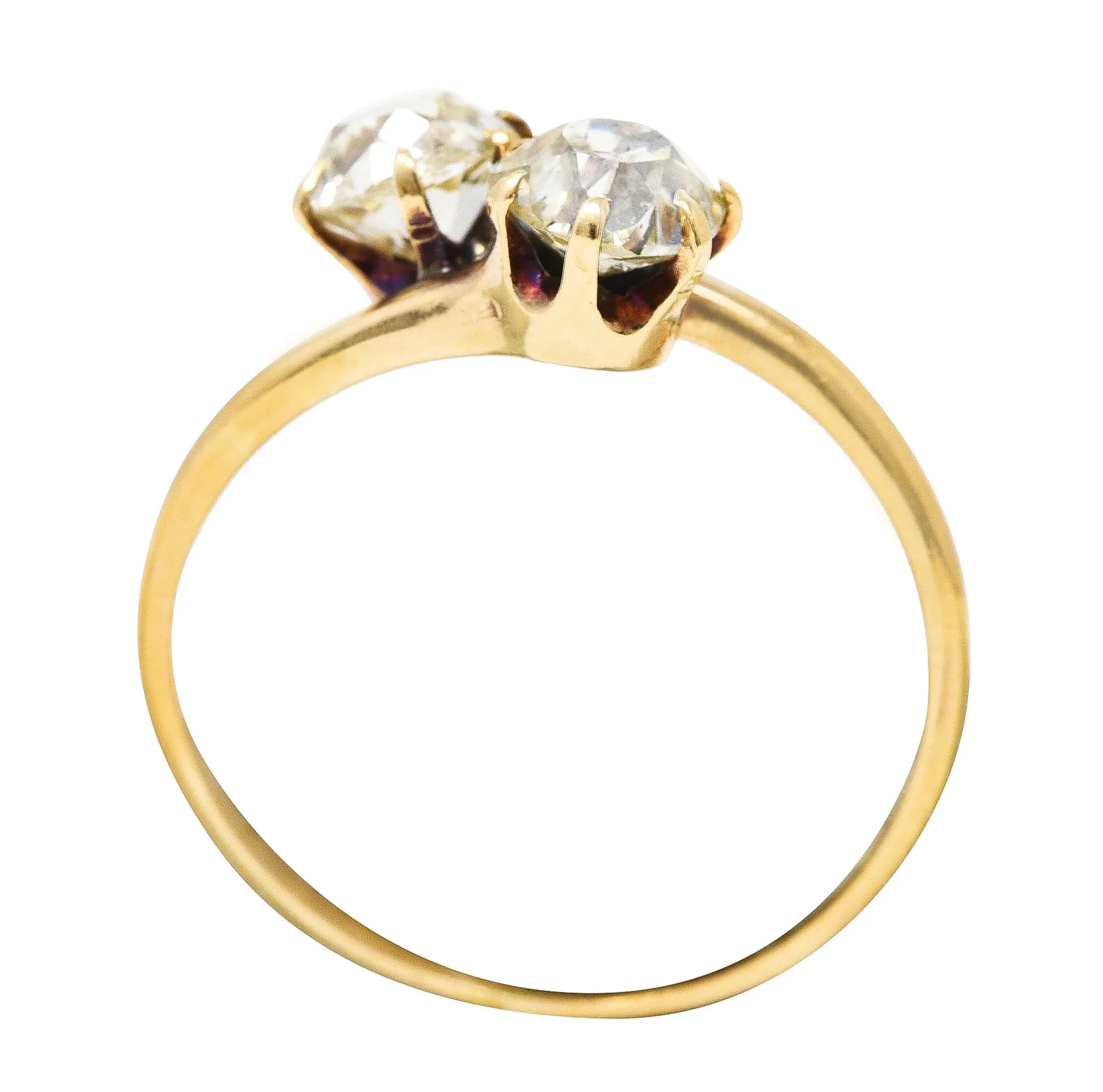 Victorian 0.94 CTW Old Mine Cut Diamond 14 Karat Yellow Gold Toi Et Moi Antique Bypass Ring