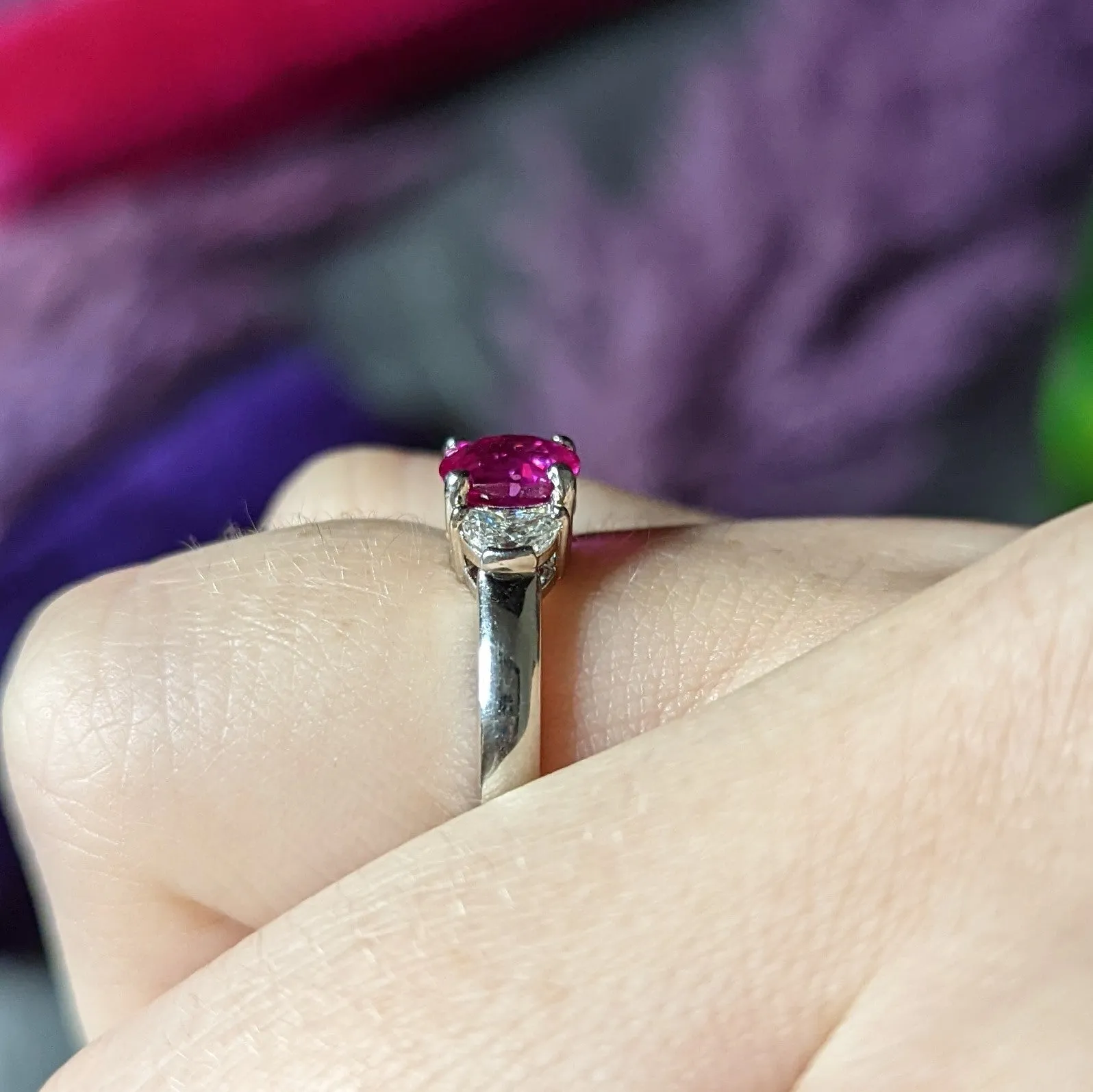 Vintage 1.78 CTW Pink Sapphire Diamond Platinum Three Stone Ring