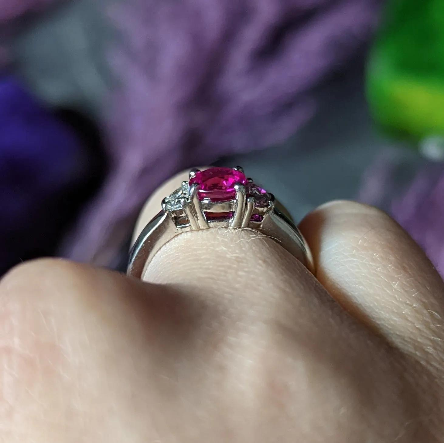 Vintage 1.78 CTW Pink Sapphire Diamond Platinum Three Stone Ring