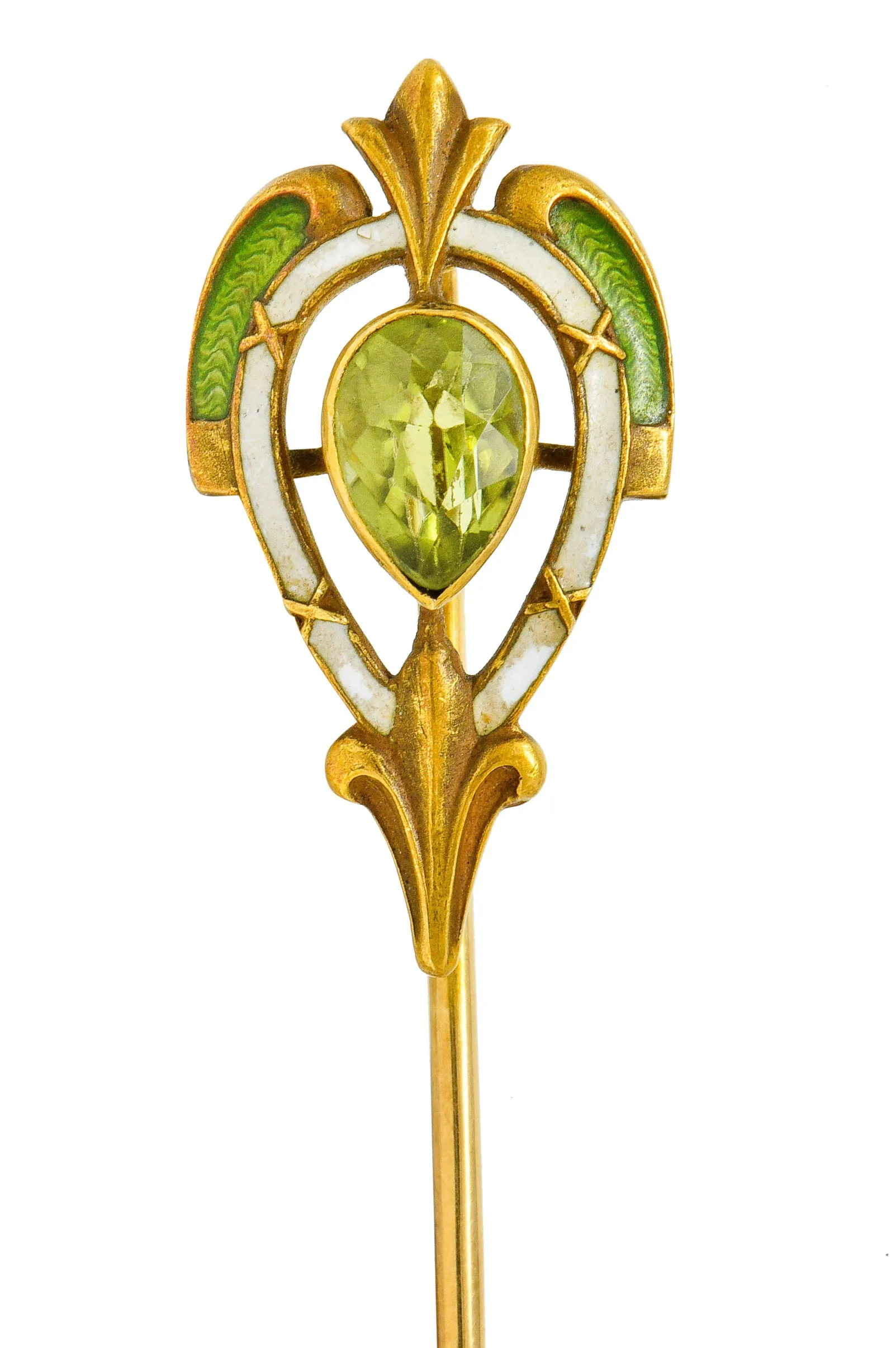 Wordley Allsopp & Bliss Peridot Enamel 14 Karat Gold Fleur-De-Lis Stickpin